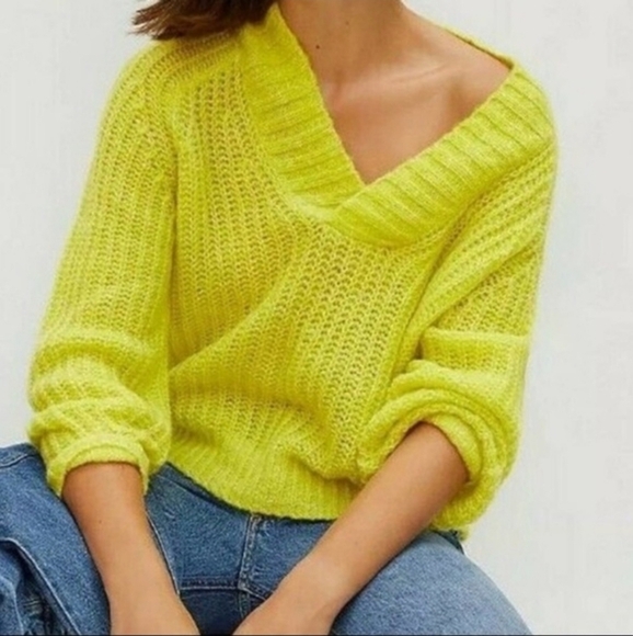 Anthropologie Honore Wool Blend‎ Knit Sweater Drop Shoulders Neon Yellow Size M - Picture 1 of 8